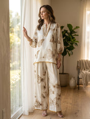 Quiet Luxury Silky Butterfly-Print Drop-Shoulder Tunic & Palazzo Cream Co-Ord Set