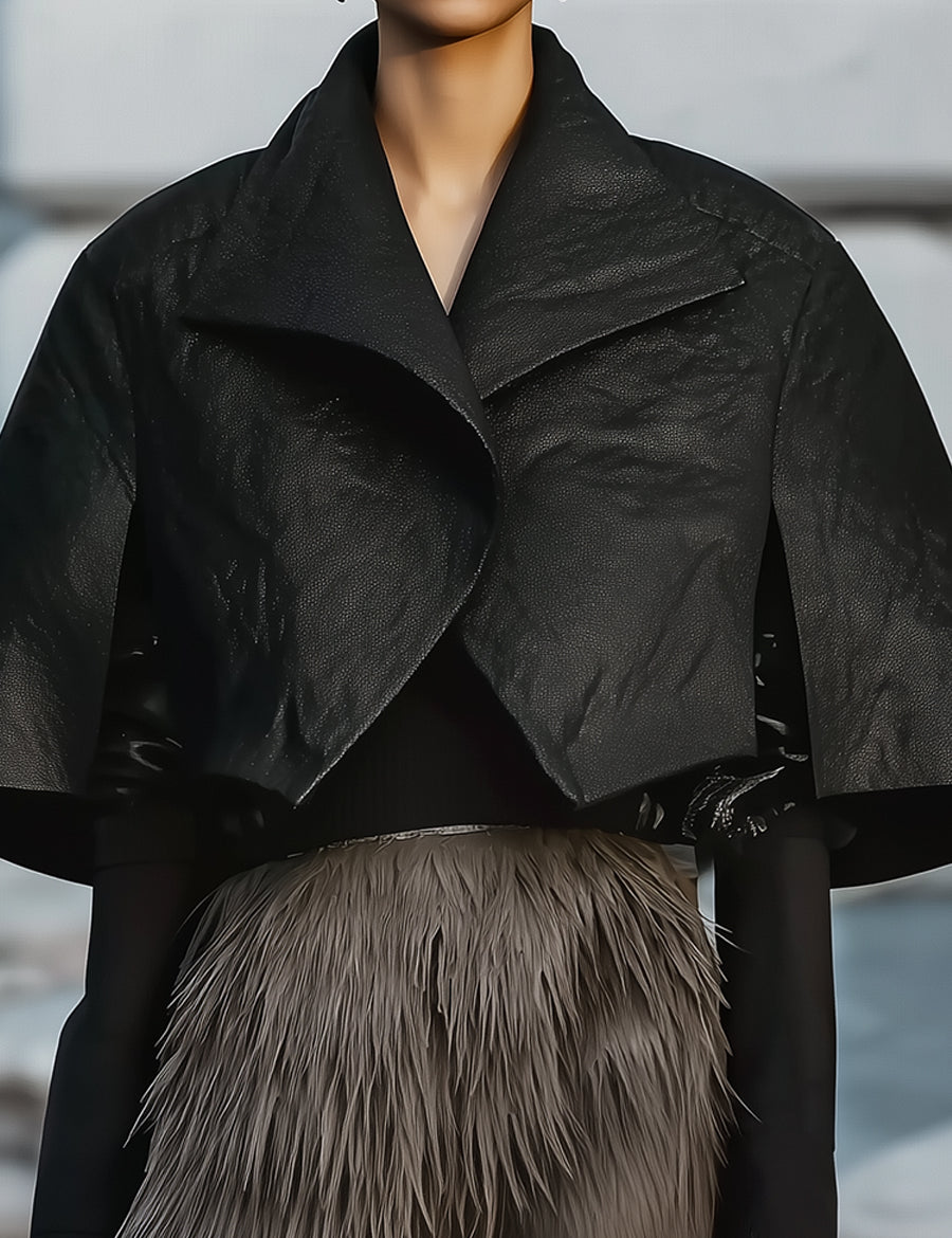 Minimalist Avant-Garde Black Eco-friendly Leather Cape Jacket