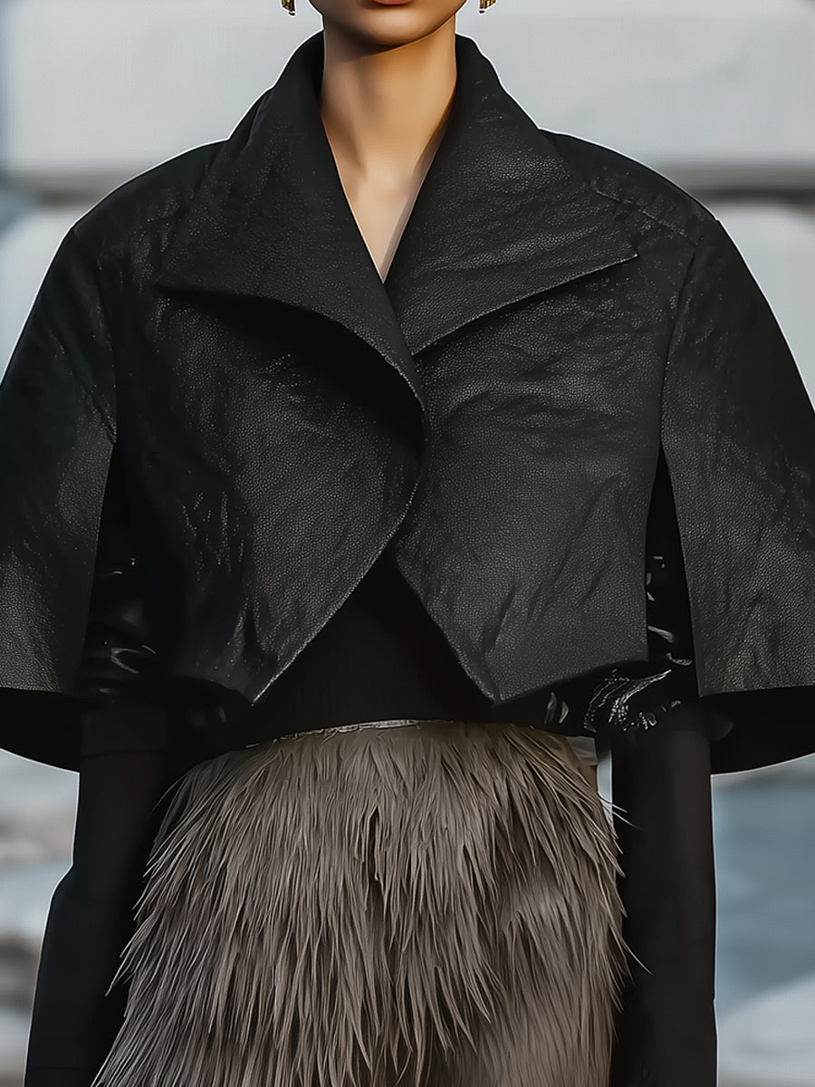 Minimalist Avant-Garde Black Eco-friendly Leather Cape Jacket