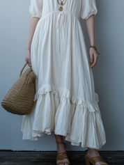 Ivory White High Waisted Drawstring Ruffled Hem Midi Dress