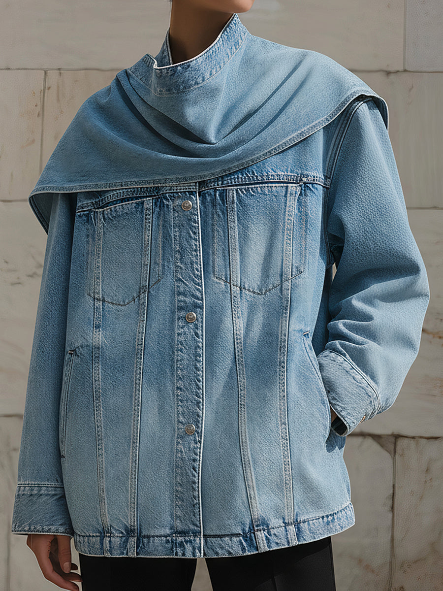 Uniquely Designed Diagonal Pocket Washed Scarf Straight Denim Jacket