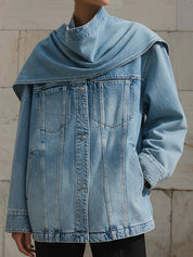 Uniquely Designed Diagonal Pocket Washed Scarf Straight Denim Jacket