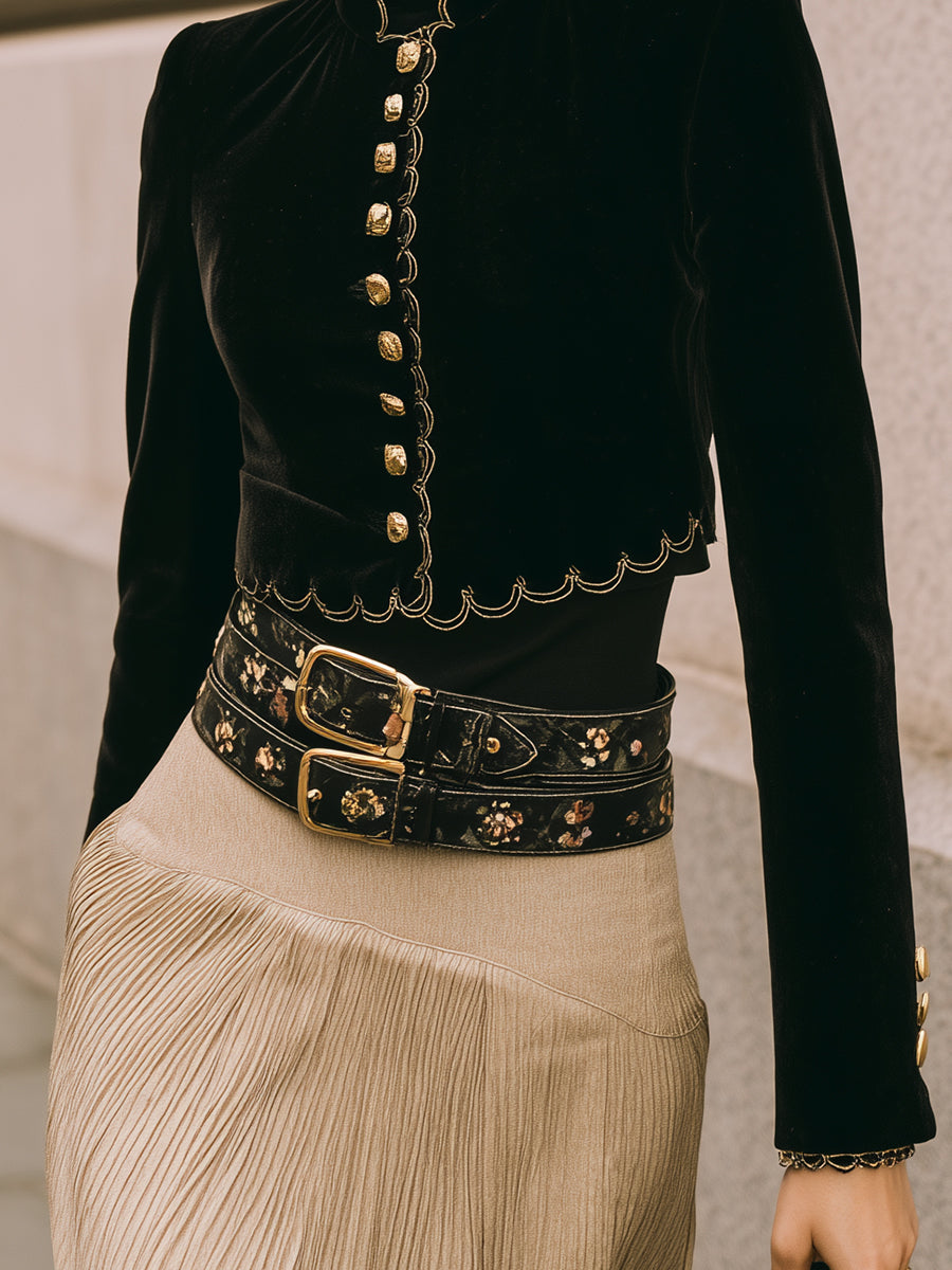 Vintage Polyester Velvet Wave-trimmed Embroidered Cropped Jacket