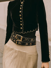 Vintage Polyester Velvet Wave-trimmed Embroidered Cropped Jacket