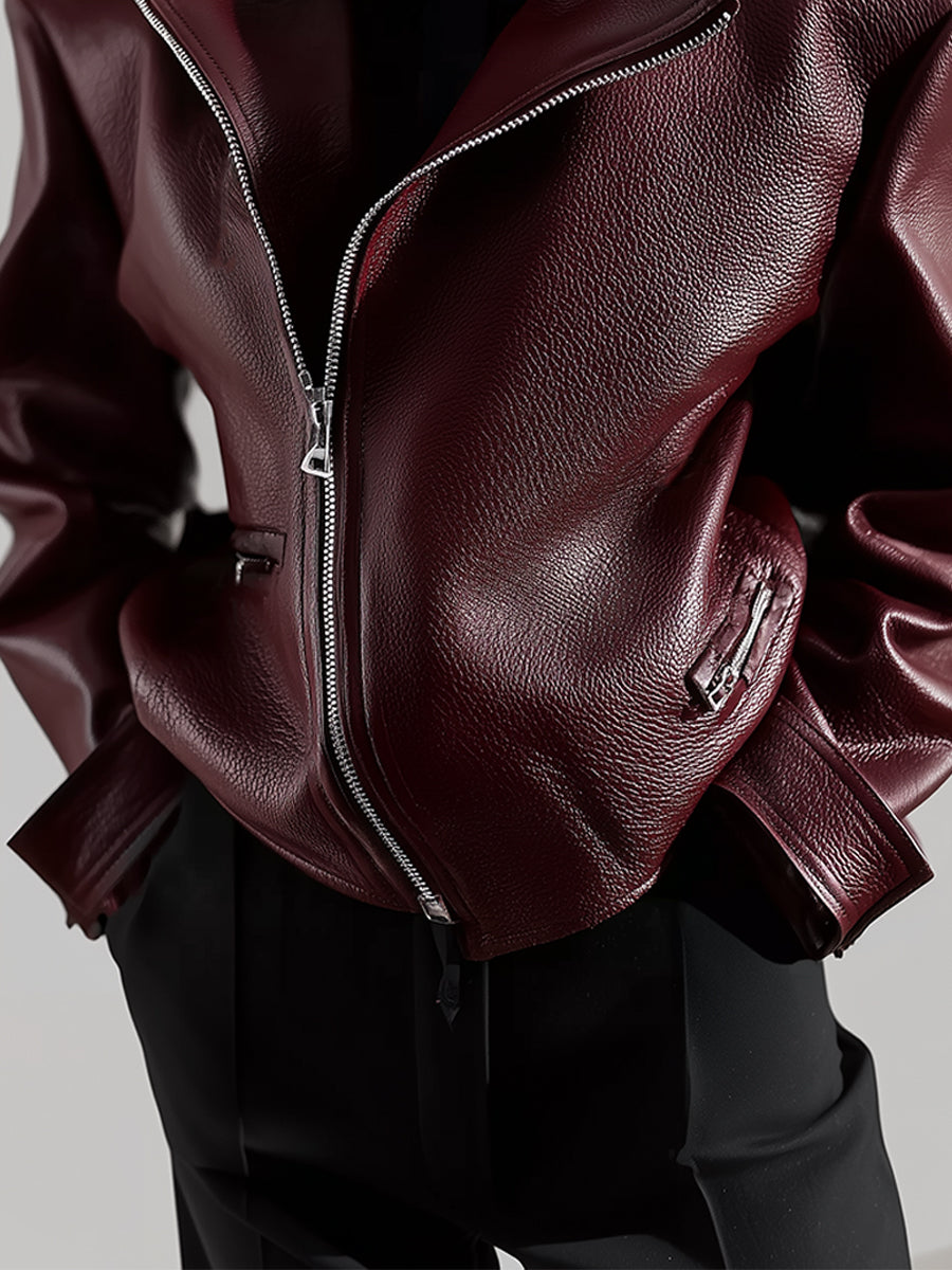 Old Money Minimalist Stand Collar Textured Environmentally Friendly Leather Oversized Jacket