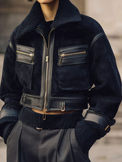Old Money Style Suede And Sherpa Patchwork Cropped Boxy Aviator Jacket