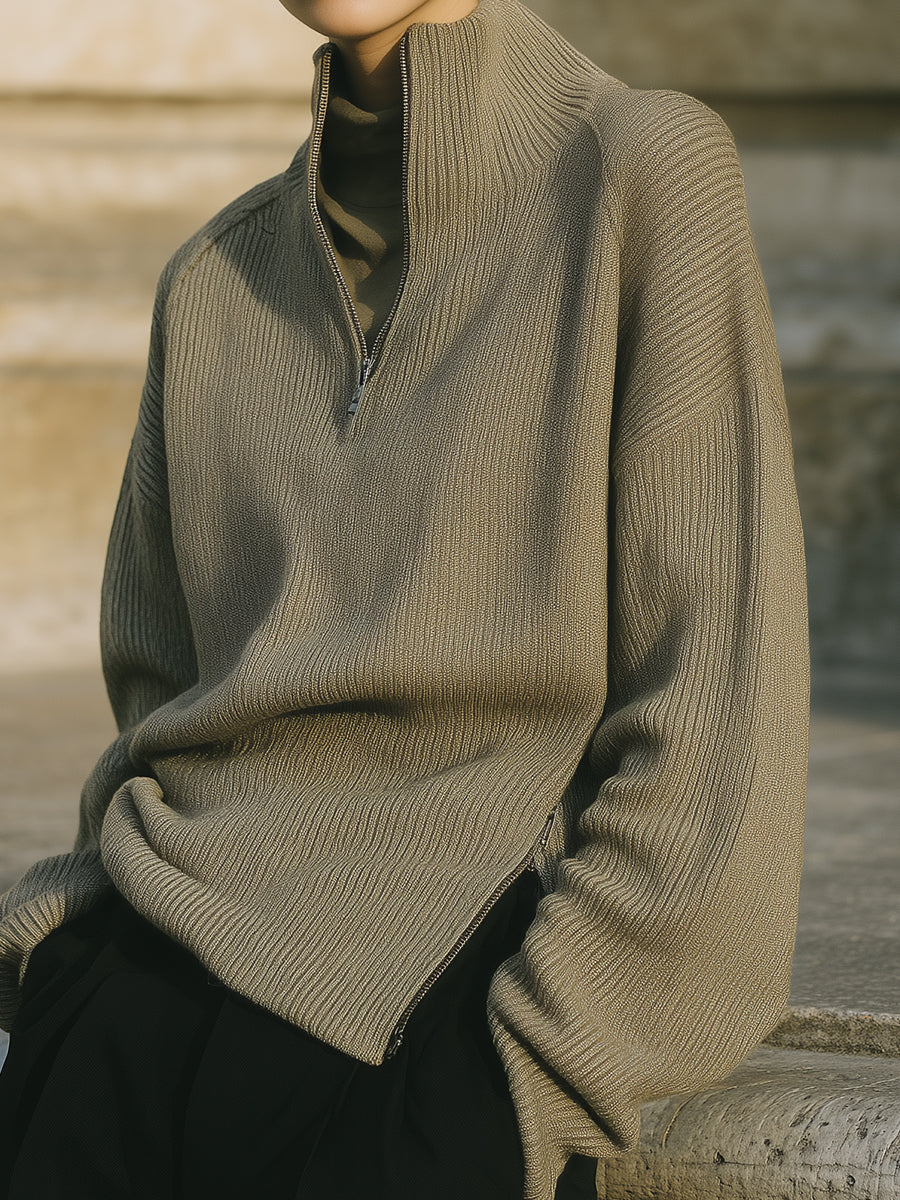 Old Money Half Turtleneck Side Zipper Drop Sleeve Knitted Sweater