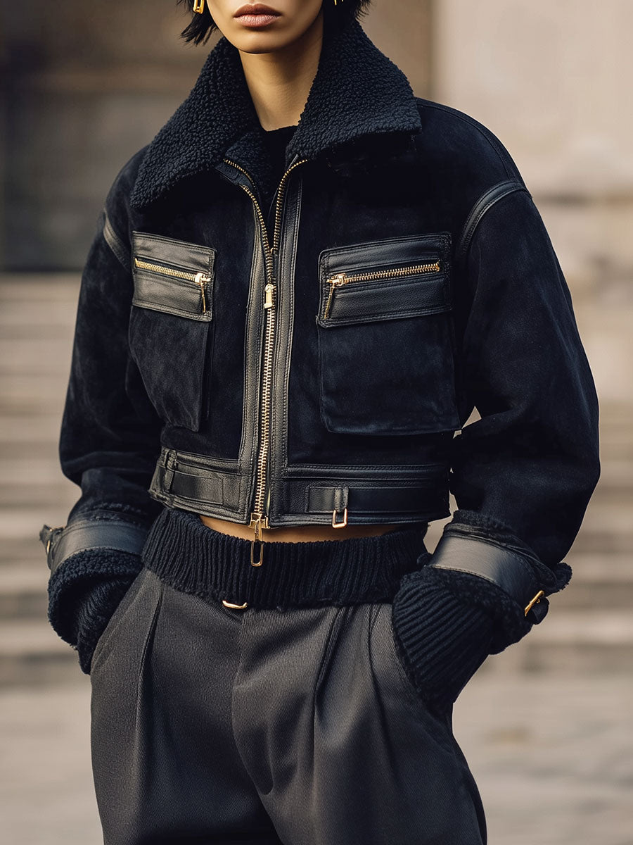 Old Money Style Suede And Sherpa Patchwork Cropped Boxy Aviator Jacket