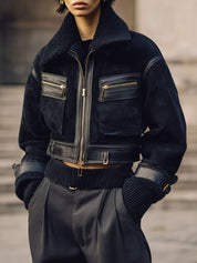 Old Money Style Suede And Sherpa Patchwork Cropped Boxy Aviator Jacket