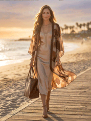 Geometric Print Kimono Cardigan with Satin Slip Dress Two-Piece Set