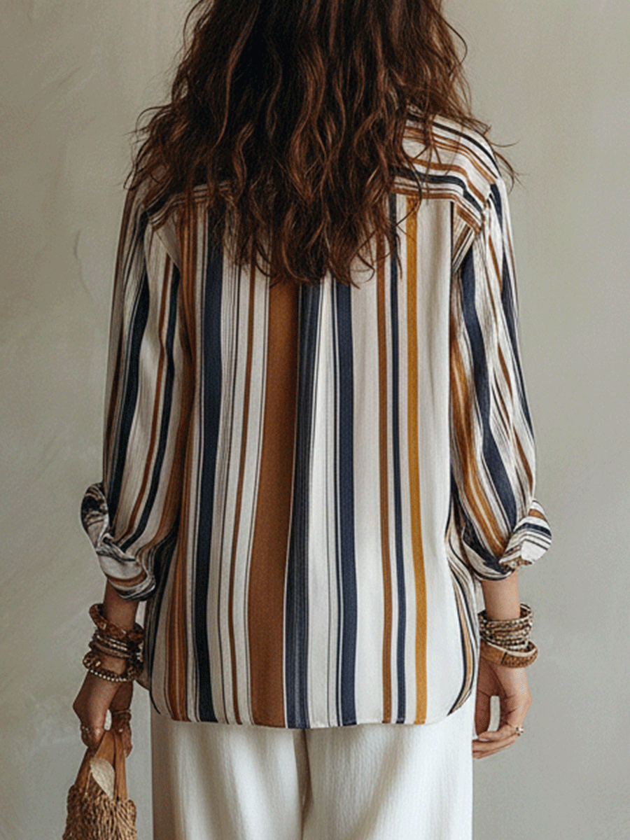 Bohemian Vertical Stripe Resort Earth Tone Blouse