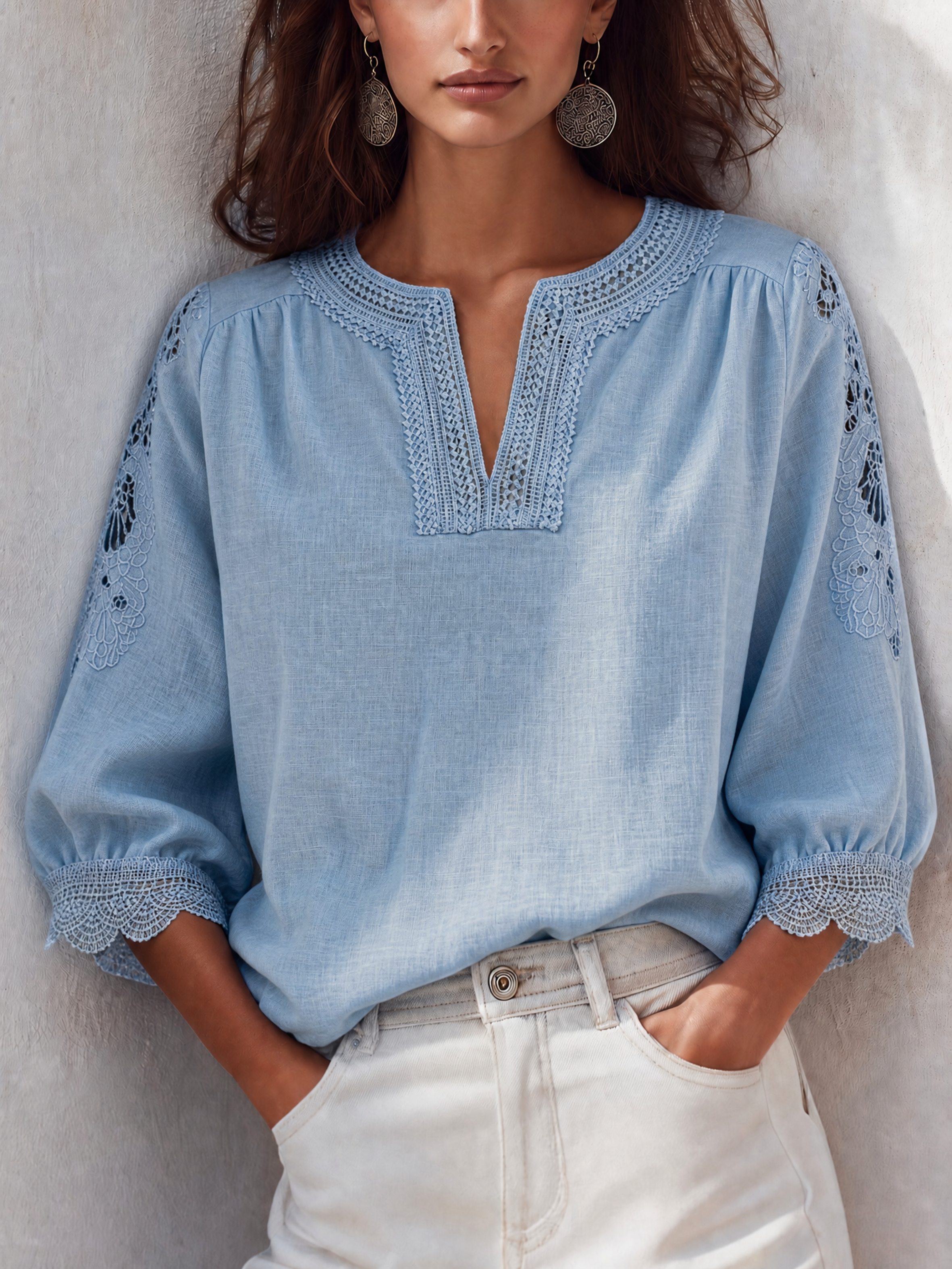Delicate Sky Blue Lace Trim Blouse