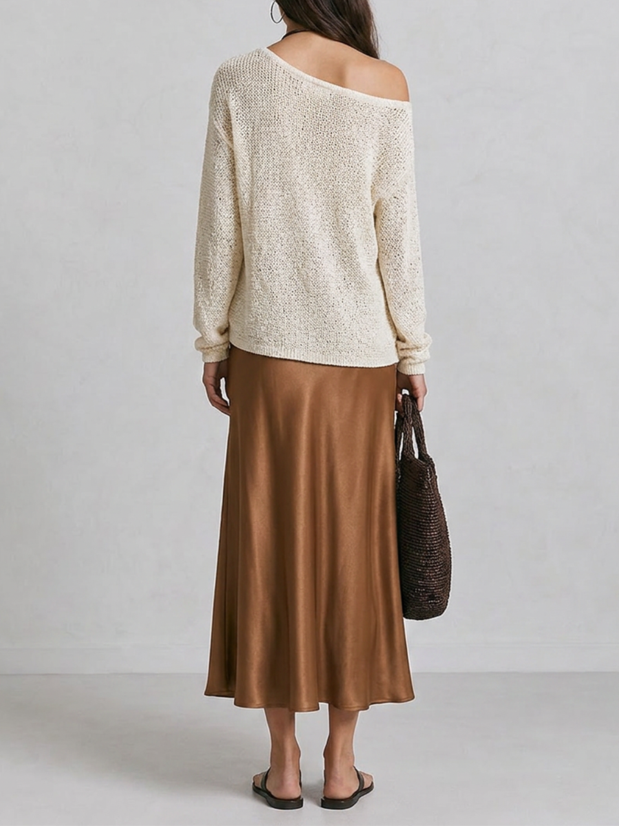 Slouchy One-Shoulder Long Sleeve Knit Pullover