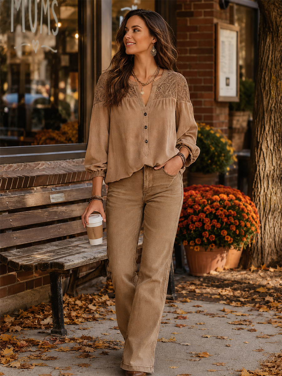 Refined Khaki Lace Yoke Blouse