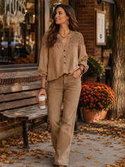 Refined Khaki Lace Yoke Blouse