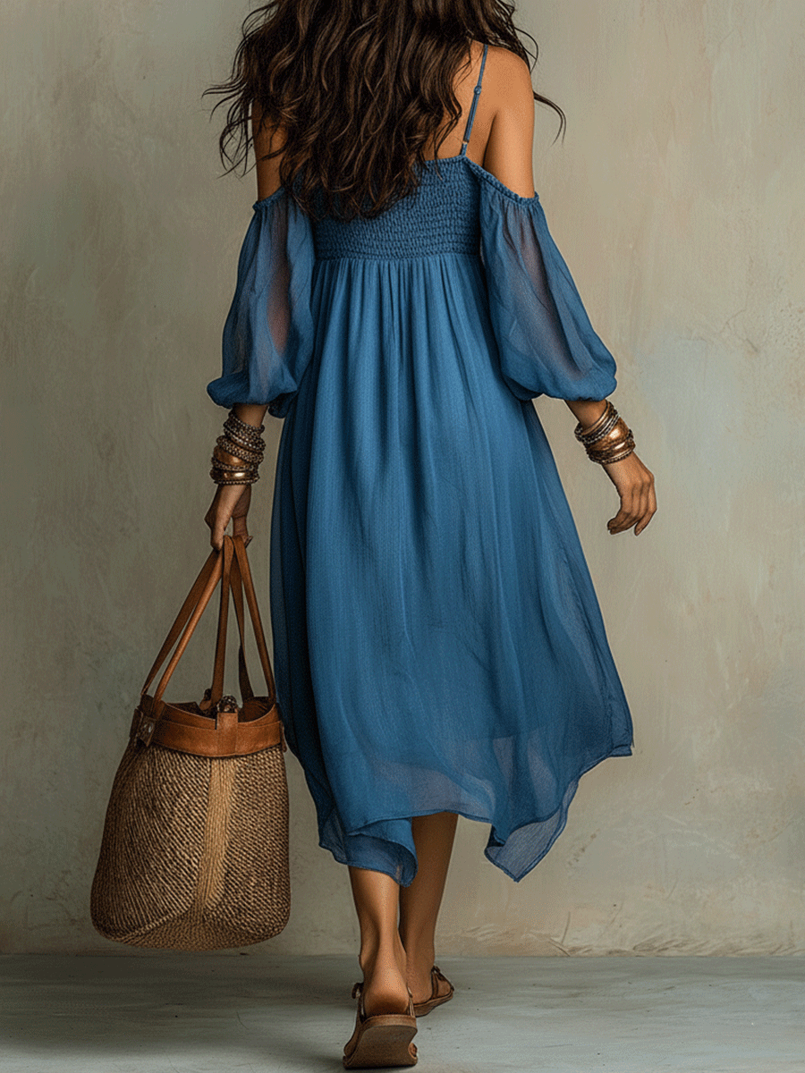 Bohemian Off-Shoulder Sheer Sleeve Midi Dress