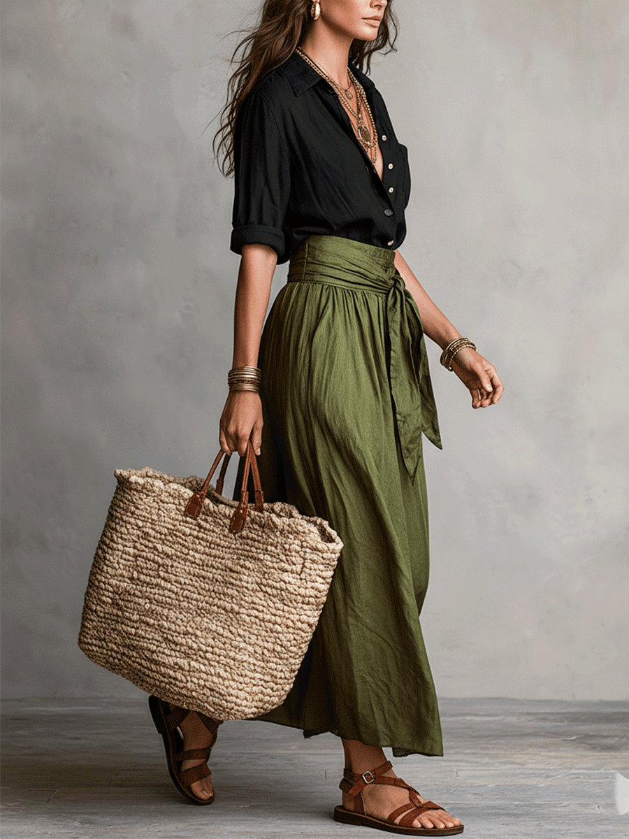 Effortless Boho Black Blouse & Olive Satin Midi Skirt Set
