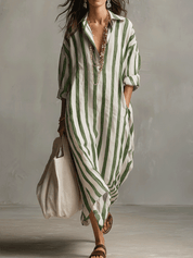 Casual Striped Shirt Bohemian Style Maxi Dress
