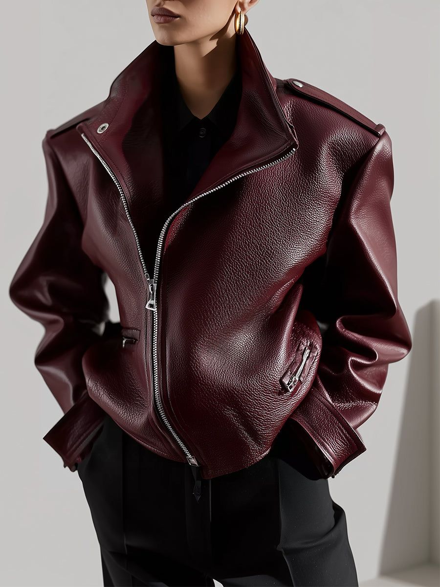 Old Money Minimalist Stand Collar Textured Environmentally Friendly Leather Oversized Jacket
