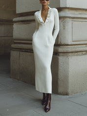Minimalist Fine Knit Ruffle Neckline Slim Fit Midi Dress