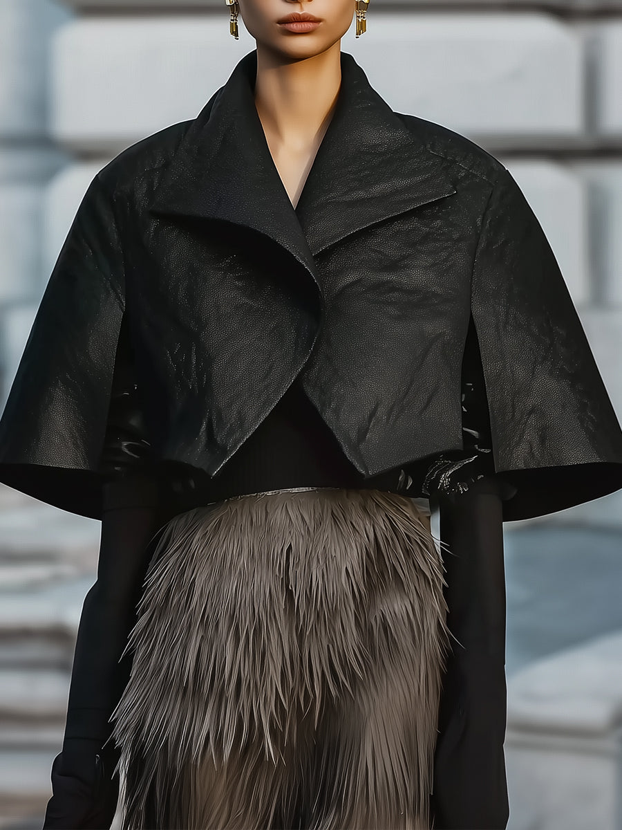 Minimalist Avant-Garde Black Eco-friendly Leather Cape Jacket