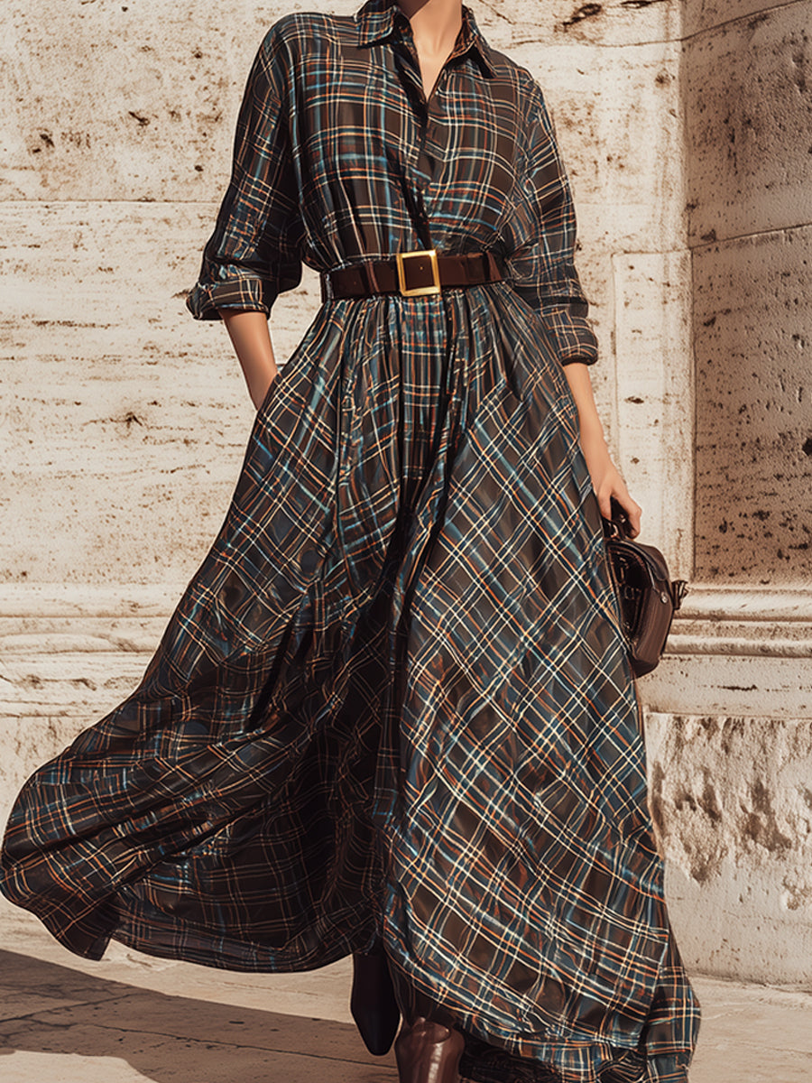 Retro Colorful Plaid Printed Cotton Shirt Maxi Dress With Belt