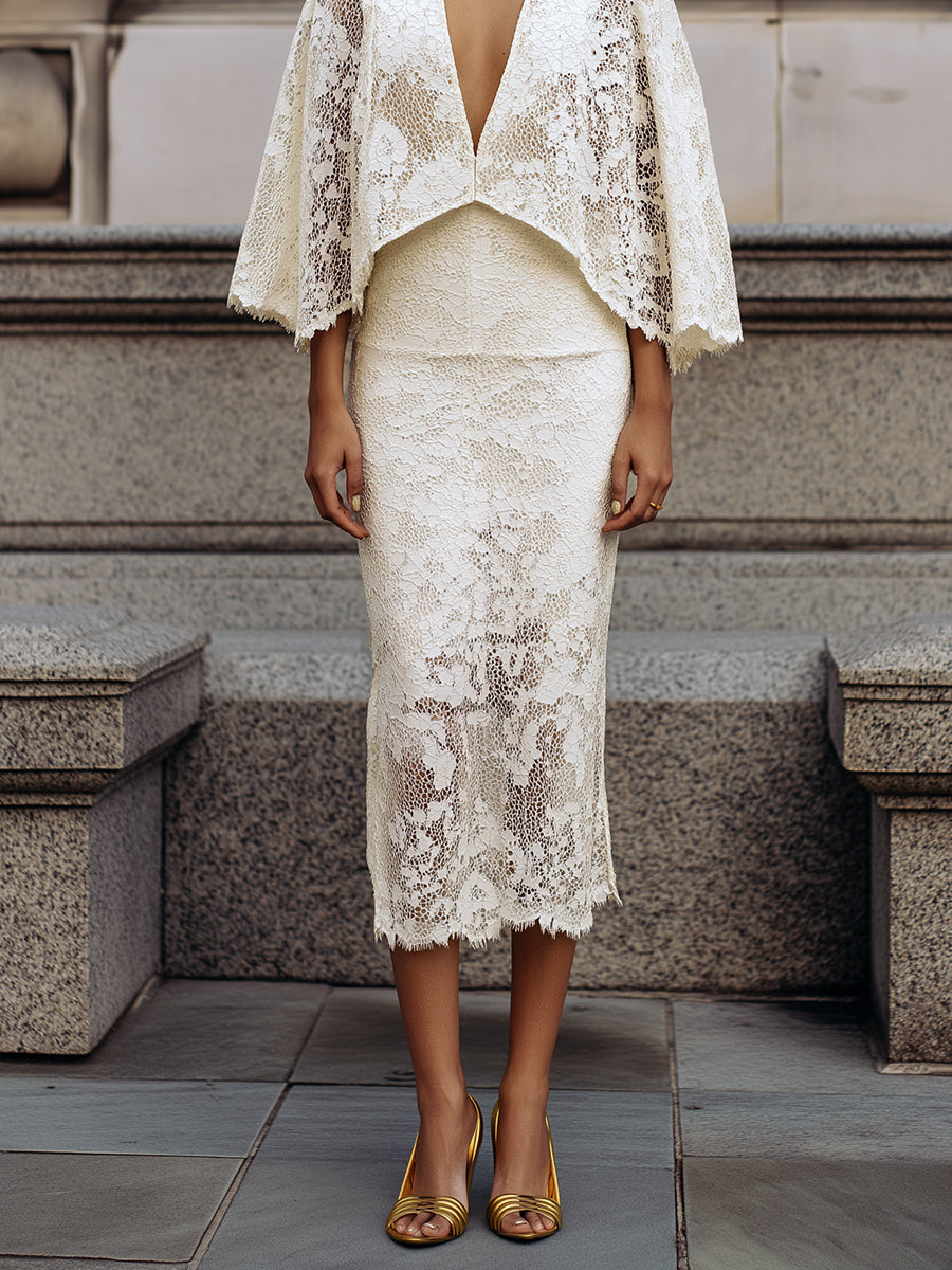 Quiet Luxury Soft Elegance Ivory Lace Cape Midi Dress