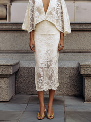Quiet Luxury Soft Elegance Ivory Lace Cape Midi Dress