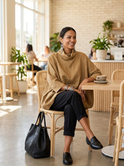 Quiet Luxury Linen Blend Oversized-Fit Camel Cowl Neck Tunic Top