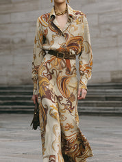 Art Nouveau Botanical Scrolls Printed Micro Fishtail Hem Dress With Belt