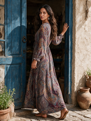 Vintage Paisley Print V neck Dress With Tie Waist