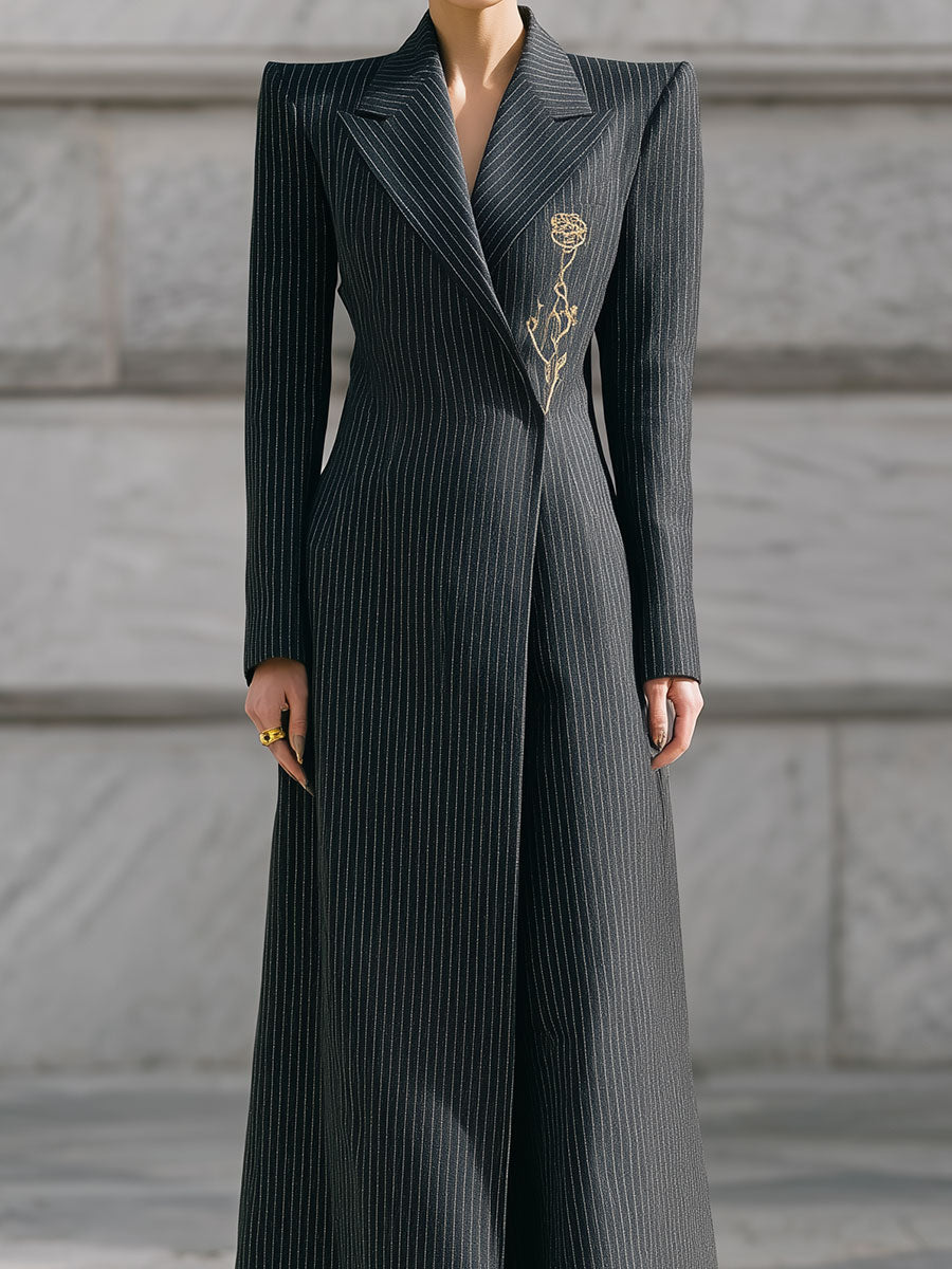 Old Money Style Striped Rose Embroidered Long Coat
