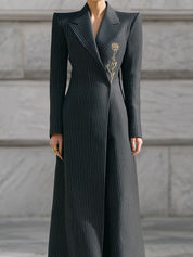 Old Money Style Striped Rose Embroidered Long Coat