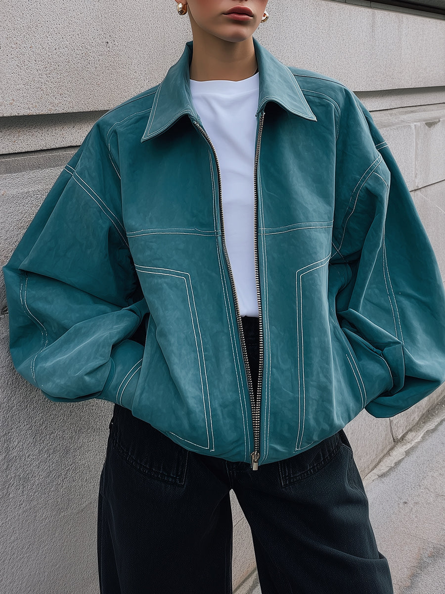 Minimalist Oversized Drop Shoulder Front Zipper Casual Suede Jacket