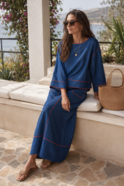 Modern Minimal Cotton-Denim Red-Topstitch Boxy Indigo Skirt Set