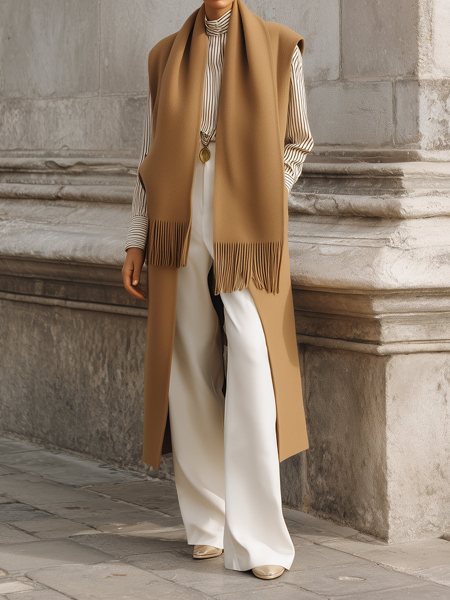 Minimalist Scarf Collar Double-faced Wool Maxi Vest
