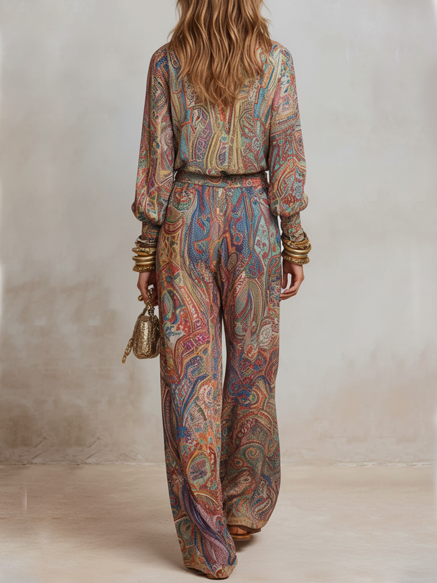 Exquisite paisley print wide leg pantsuit
