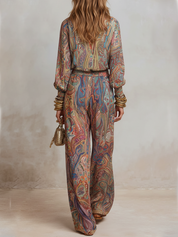 Exquisite paisley print wide leg pantsuit