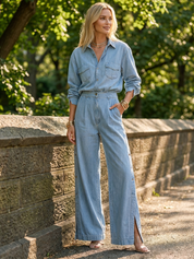 Effortless Denim Luxe Shirt & Side-Slit Wide Leg Jeans Set