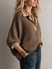 Relaxed Luxe Collared V-Neck Textured Knit Sweater Top