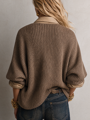 Relaxed Luxe Collared V-Neck Textured Knit Sweater Top
