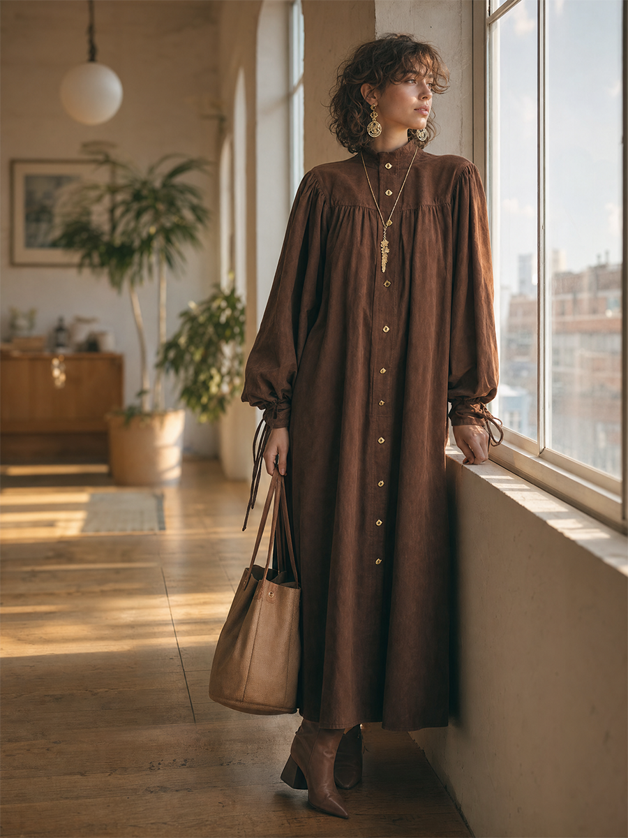 Elegant Chocolate Brown Button Front Maxi Dress