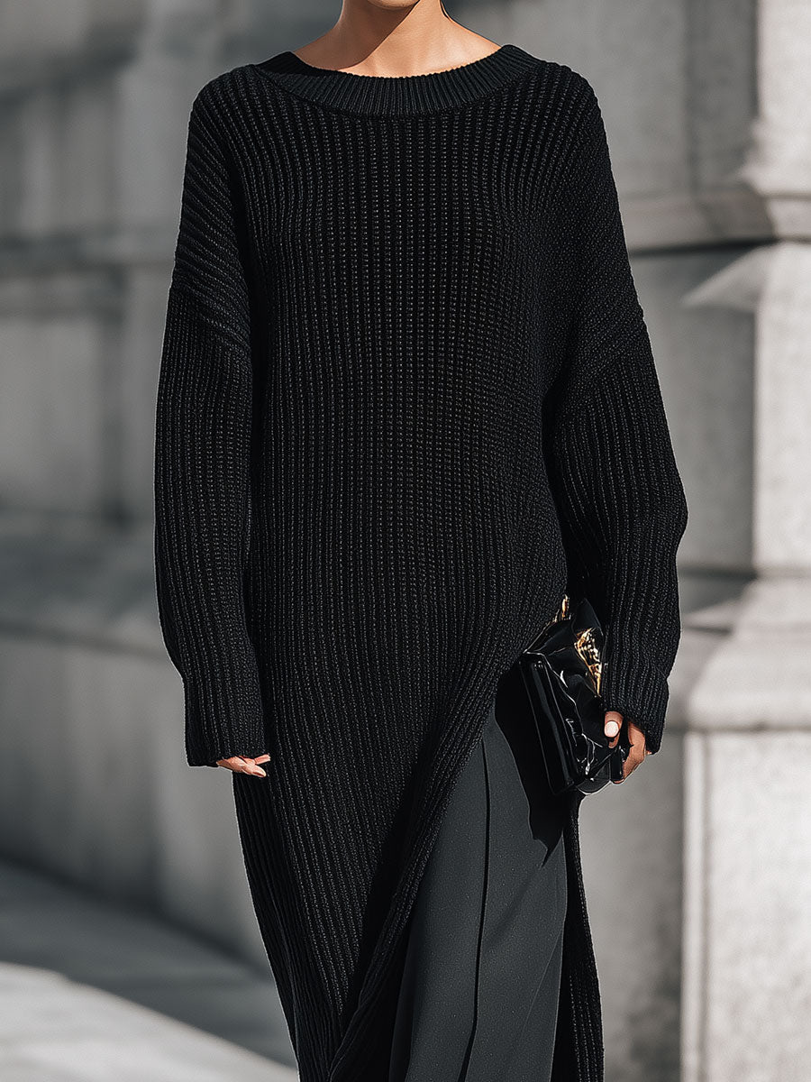 Minimalist Drop-shoulder Knitted Maxi Dress With High Side Slits