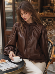 Refined Chocolate Brown Tie Neck Blouse