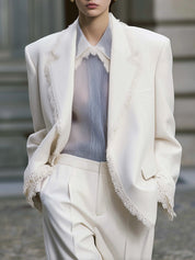 Minimalist Lace Splicing Lapel Loose Version Blazer With Shoulder Pads