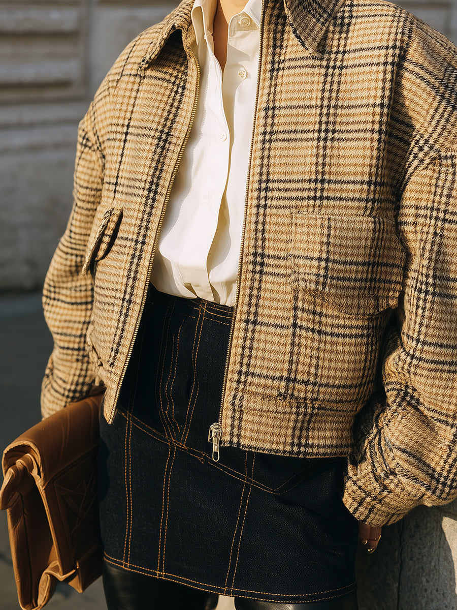 Old Money Classic Fine Plaid Drop Sleeve Wool Cropped Boxy Jacket