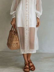 Elegant Vacation Pearl White Button-Front Lace Midi Dress