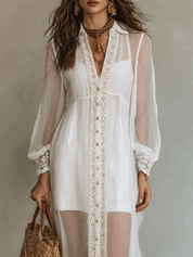 Elegant Vacation Pearl White Button-Front Lace Midi Dress