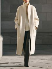 Minimalist Wool Straight Coat With Stand Collar And Front Zipper Design