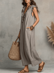 Bohemian Sleeveless Ruffle V-Neck Flowy Maxi Dress